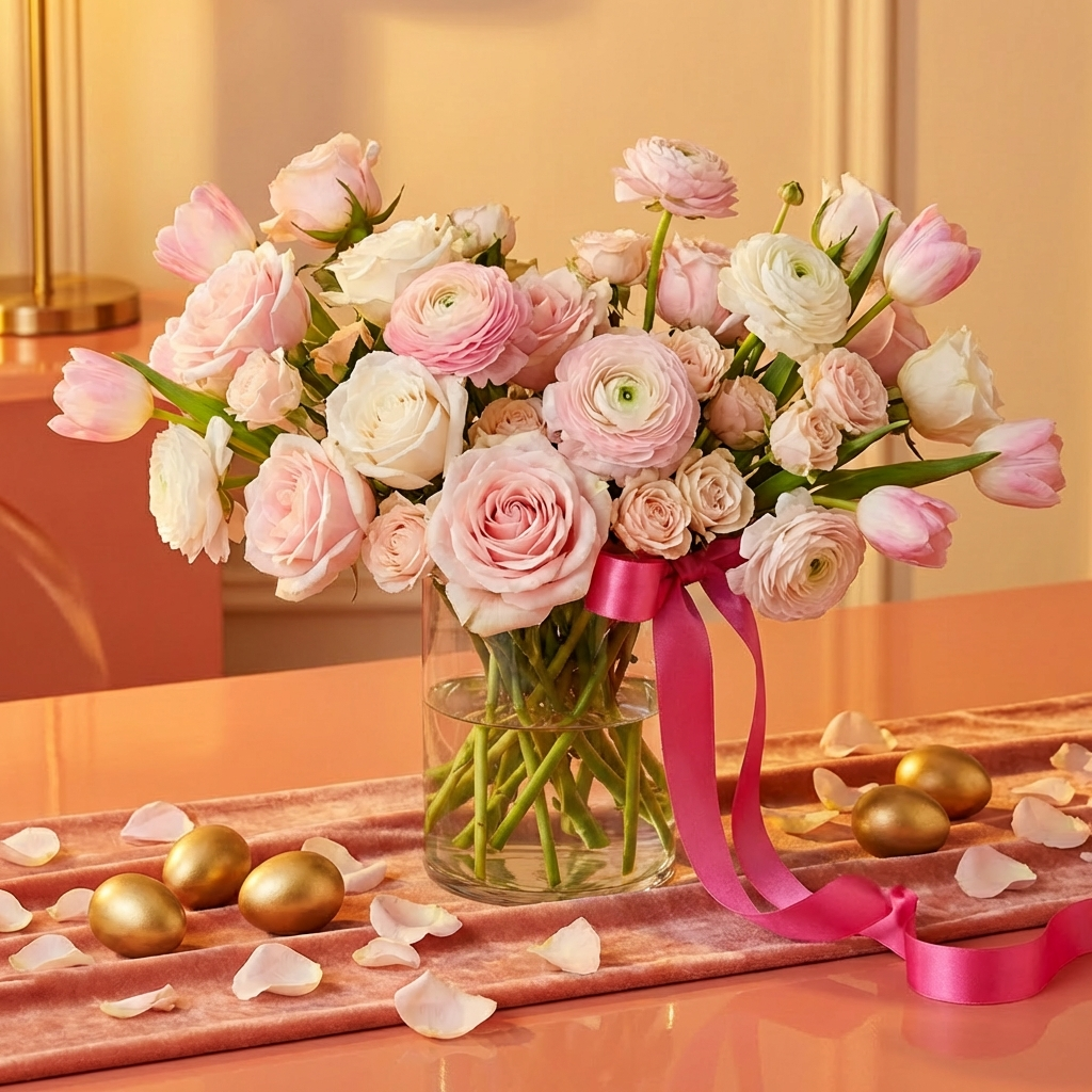 Easter spring roses clear glass vase Los Angeles