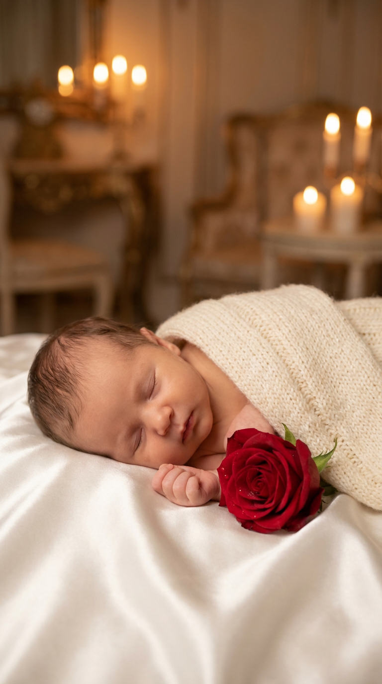Newborn baby girl with a red rose