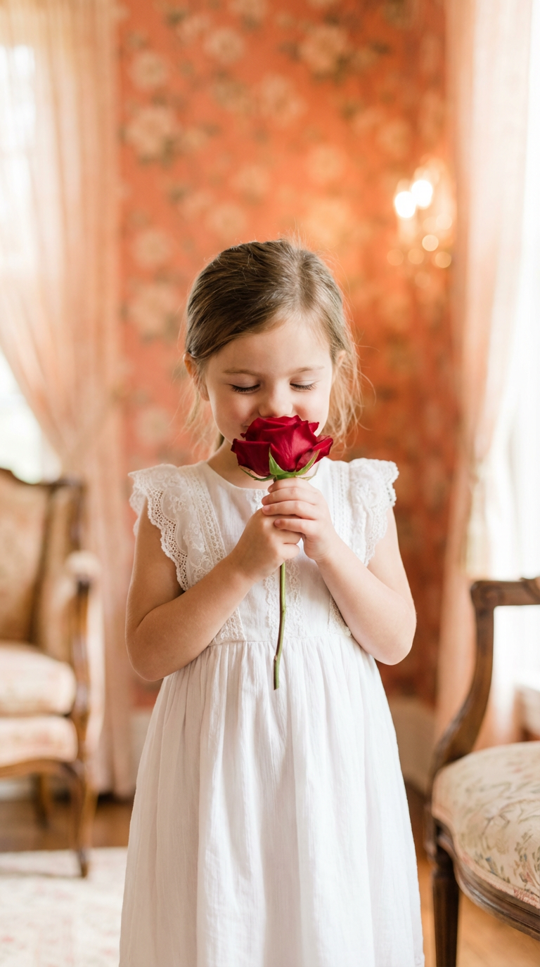 Little girl smelling a red rose