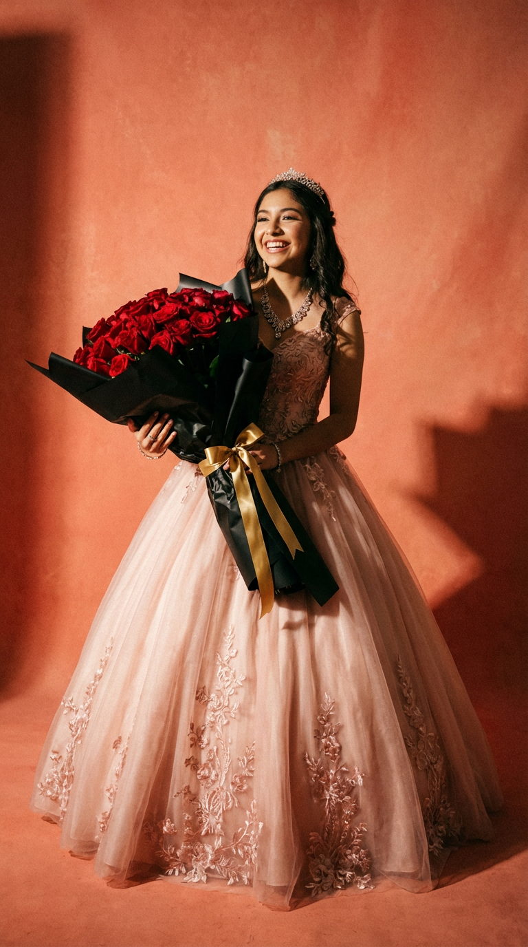 Teen girl at quinceañera holding luxury roses