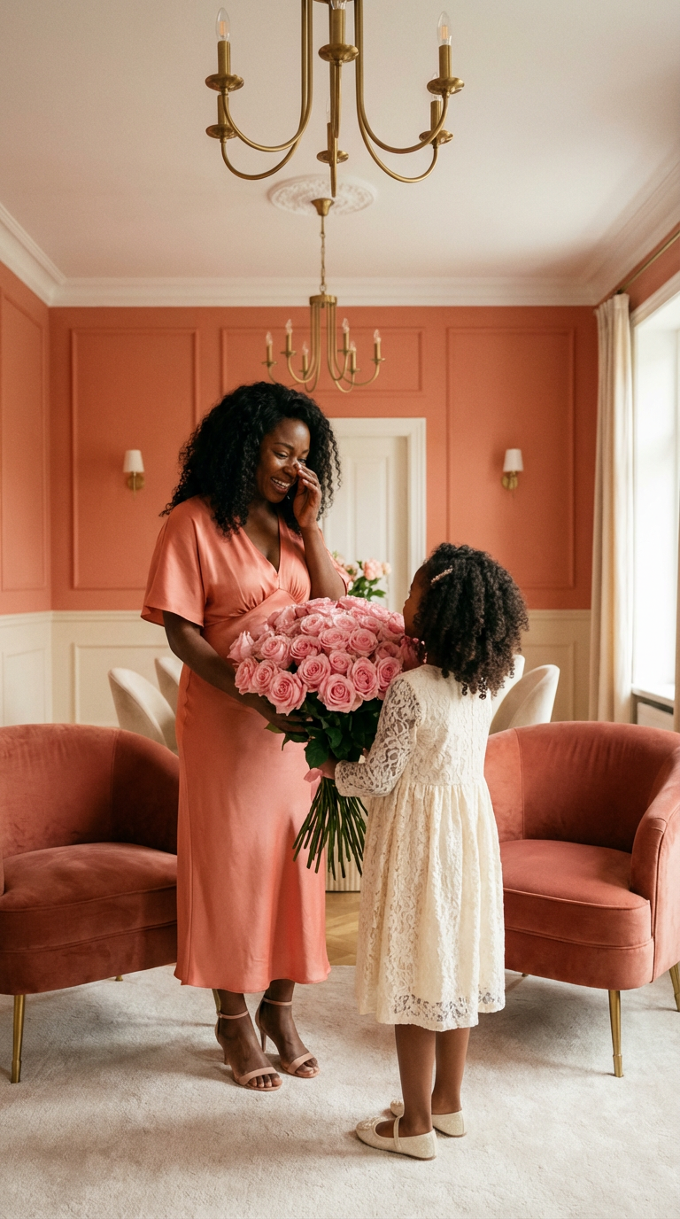 Mother receiving roses from her child