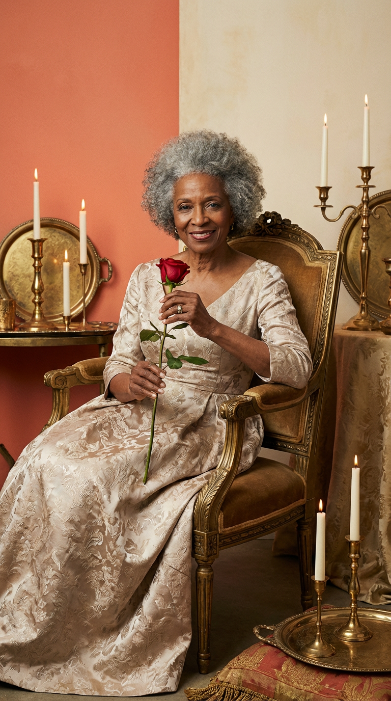 Elegant grandmother holding a single red rose
